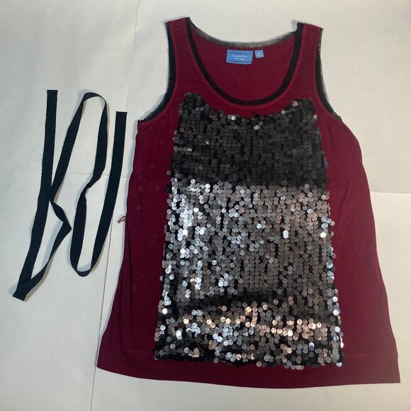 Simply Vera Vera Wang sequined tank top laced neckline arm hem in burgundy PM - Picture 1 of 9